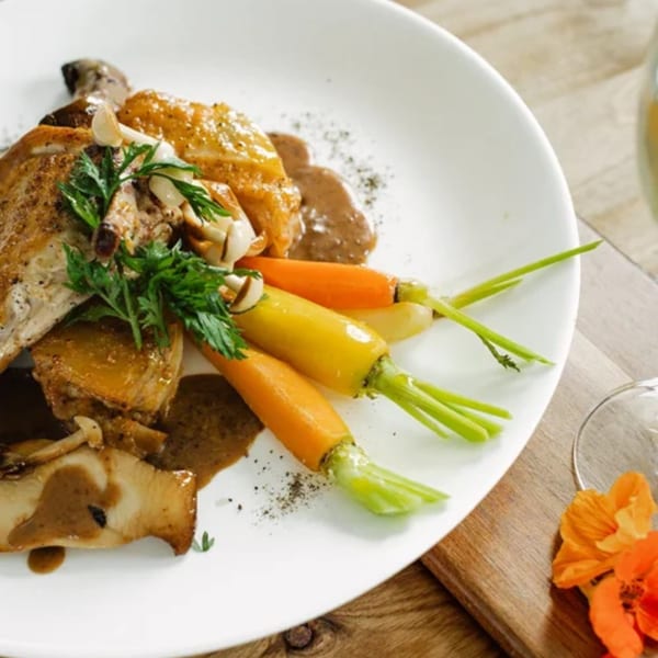 Notch 8's roasted chicken with baby carrots, mushrooms, and a rich brown sauce on a white plate.