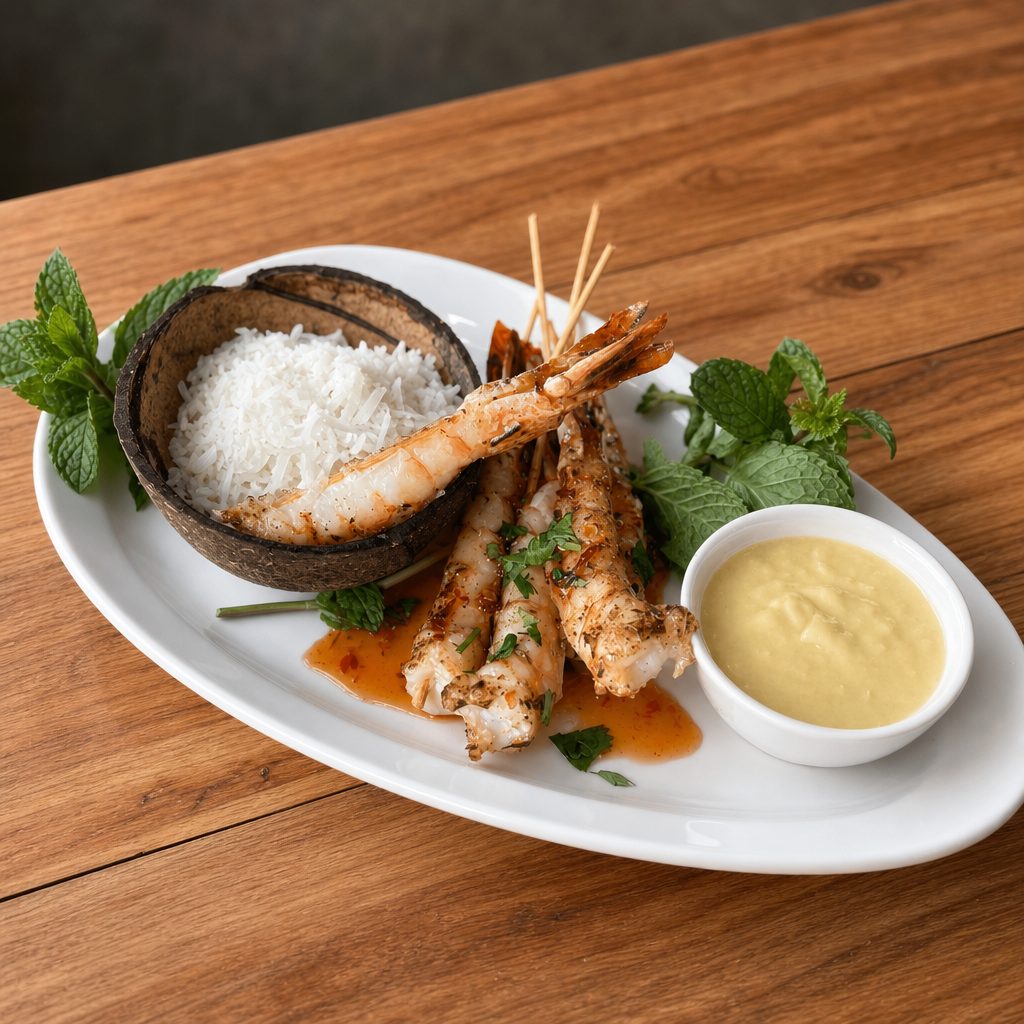 Coconut Shrimp Satay.